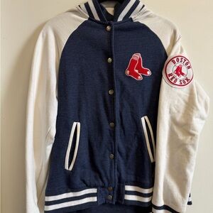 Majestic Boston Red Sox Womens Varsity Jacket Navy and White Snap Front Size L
